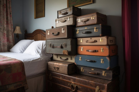 creative storage solutions, such as repurposed suitcases or crates, created with generative aiの素材