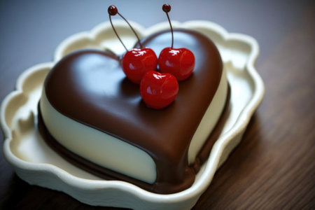 heart-shaped chocolate cake with a red cherry on top, surrounded by a simple white glaze, created with generative aiの素材