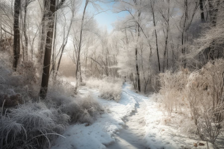 winter hiking trail, with fresh snow and frosted trees, created with generative aiの素材