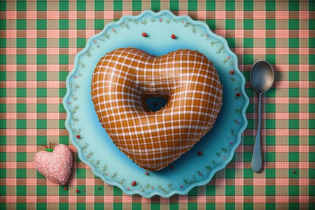 heart-shaped donut on gingham background with sprinkle details, created with generative aiの素材