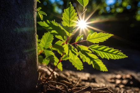 close-up of a tree seedling with sun shining through the leaves, created with generative aiの素材
