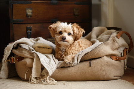 pet bed made from natural materials such as burlap, with a warm and cozy blanket, created with generative aiの素材