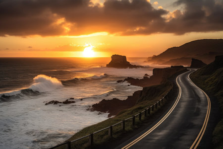 scenic highway leading to sunset over the ocean, with waves rolling in, created with generative aiの素材