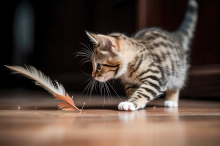 playful kitten chasing feather on the floor, created with generative aiの素材