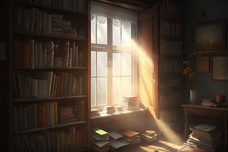 a bookcase filled with books, and sunlight streaming in through the window, created with generative aiの素材