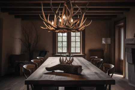 antler chandelier hanging over rustic dining room table, created with generative aiの素材