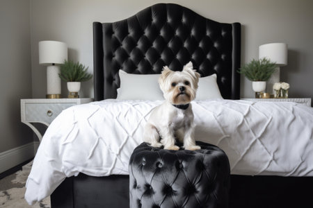 white tufted headboard against black velvet pet bed, created with generative aiの素材