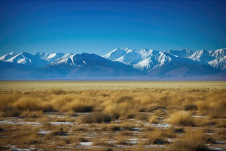 serene landscape with mountain range in the background, and clear blue sky, created with generative aiの素材