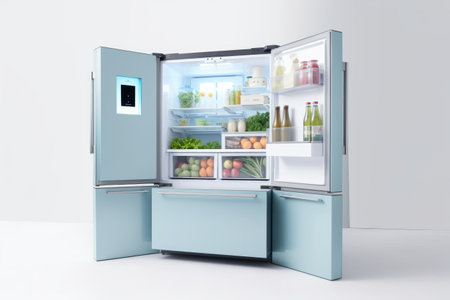smart refrigerator, with built-in touch screen and sensors that keep the food fresh and organized, created with generative aiの素材