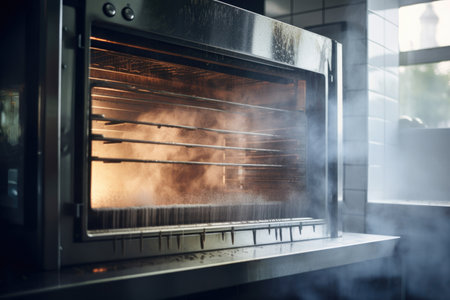 close-up of commercial oven, with steam and heat escaping through the window, created with generative aiの素材