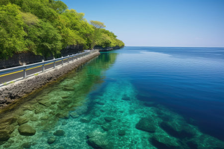 scenic highway, surrounded by lush greenery and crystal clear waters, created with generative aiの素材