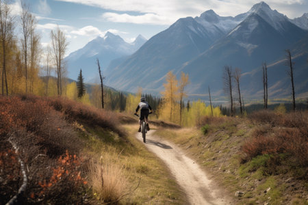 person, riding their mountain bike down winding dirt path, with majestic mountains in the background, created with generative aiの素材