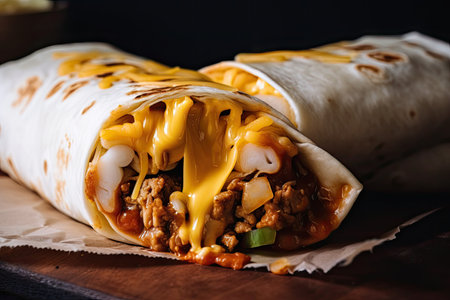 close-up of warm and fluffy burrito, with melted cheese and fresh ingredients visible, created with generative aiの素材
