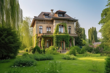 shot of beautiful large house with a garden, created with generative aiの素材