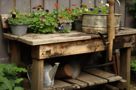 diy garden project with repurposed materials, such as an old wooden bench or metal buckets, created with generative aiの素材
