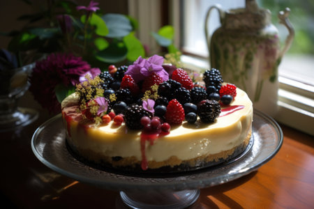 resplendent cheesecake, decorated and ready for a special occasion, created with generative aiの素材
