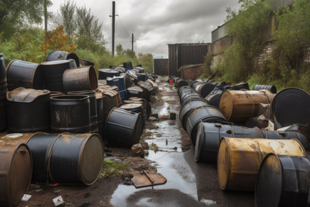 dumping ground for chemical waste, with barrels and containers overflowing onto the ground, created with generative aiの素材