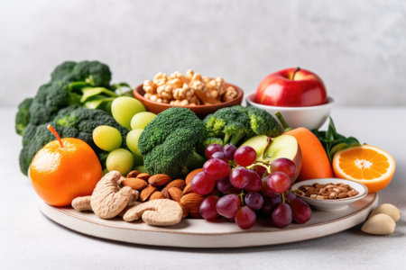 plate of fresh fruits, vegetables, and nuts for a healthy immune system, created with generative aiの素材