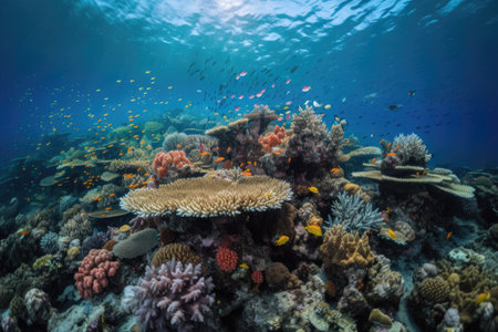 coral reef with schools of colorful fish swimming among the corals, created with generative aiの素材
