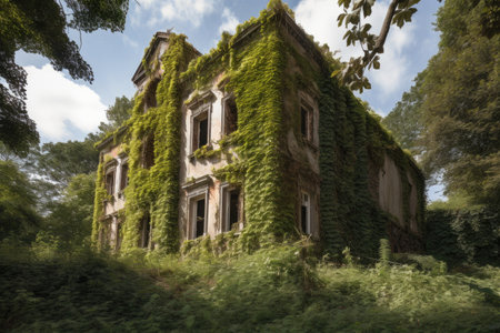 abandoned and decrepit castle or mansion, with vines growing over the walls, created with generative aiの素材