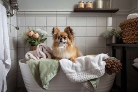 luxury bathroom with plush towels, bathtub and a basket of pet toys, created with generative aiの素材