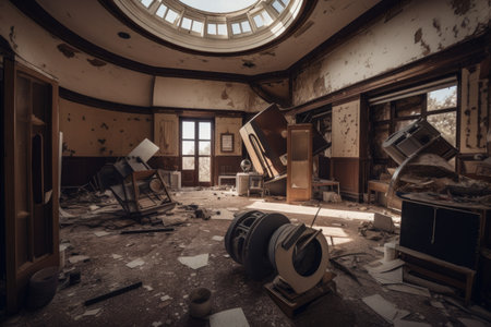deserted observatory with telescopes and other instruments strewn about the floor, created with generative aiの素材
