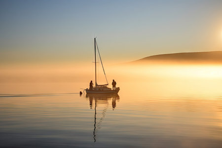 sailing boat with crew of two in misty morning sunrise, created with generative aiの素材