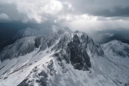 drone flight over snowy mountain range, with dramatic storm clouds in the background, created with generative aiの素材