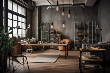 a room with a vintage and industrial style, featuring natural materials, exposed pipes and ducts, created with generative aiの素材