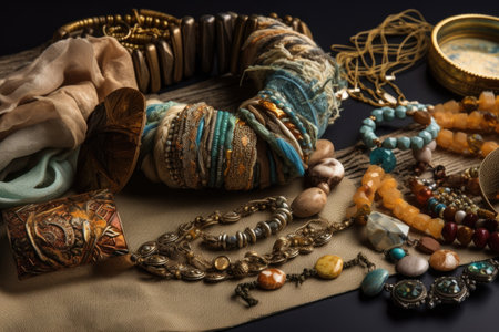 accessory and jewelry trends, featuring mixtures of different textiles, materials, and colors, created with generative aiの素材