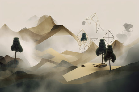 abstract and surreal landscape with floating shapes and lines in the misty fog, created with generative aiの素材