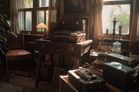 lofi interior with vintage suitcase, books, and typewriter, created with generative aiの素材