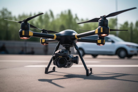 shot of a drone parked with its propellers spinning, created with generative aiの素材