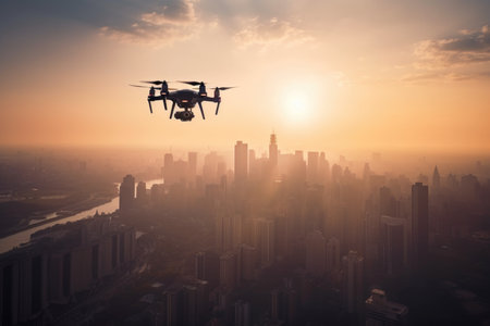 drone flies over busy metropolis, with skyscrapers and skylines visible in the background, created with generative aiの素材