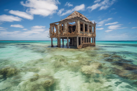 abandoned and historical structures on deserted island, surrounded by crystal-clear water, created with generative aiの素材