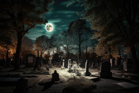 a cemetery at night, with a full moon shining above, created with generative aiの素材