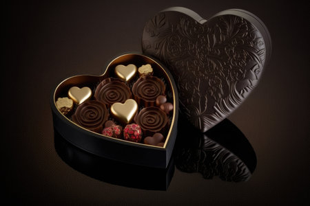 heart-shaped box of chocolates or truffles with a black background, for sophisticated look, created with generative aiの素材