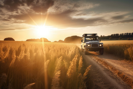 off-roader driving past fields of golden wheat, with the sun shining down, created with generative aiの素材