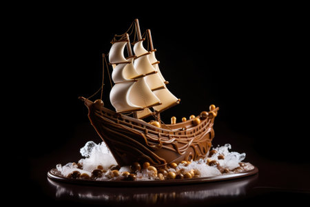 a miniature chocolate ship in full sail, with waves and ropes, created with generative aiの素材