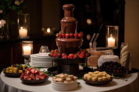 wedding reception with chocolate fountain and fondue station, perfect for dessert or sweet treat, created with generative aiの素材