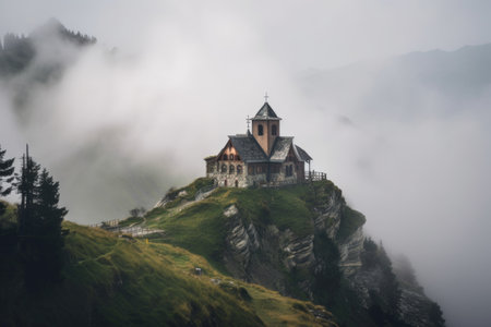 majestic mountain chapel surrounded by mist, with rolling fog and clouds, created with generative aiの素材
