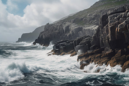 majestic coastal cliffs, with waves crashing against the rocks below, created with generative aiの素材