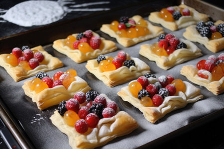 flaky puff pastries with fruit filling, ready to be baked or fried, created with generative aiの素材