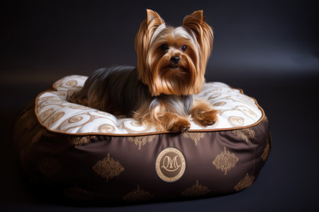 luxurious and custom-made pet bed with fluffy pillows, designer fabric and embroidered monogram, created with generative aiの素材