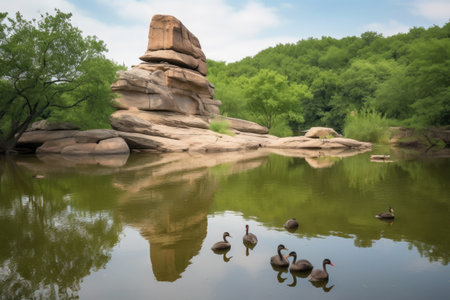 natural rock formation towering over tranquil pond, with ducks swimming in the water, created with generative aiの素材