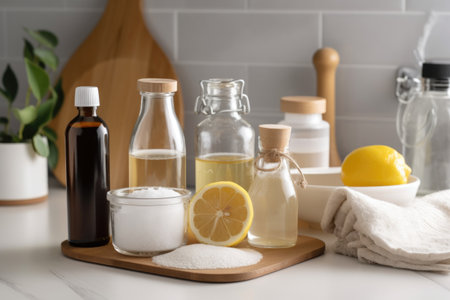 homemade cleaning products with natural ingredients, such as baking soda and vinegar, created with generative aiの素材
