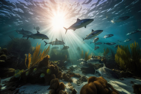 stunning underwater scene with a mix of rays, sharks, and colorful fish, created with generative aiの素材