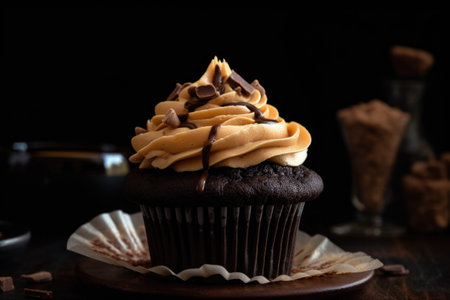 chocolate cupcake with swirl of luscious peanut butter frosting, created with generative aiの素材
