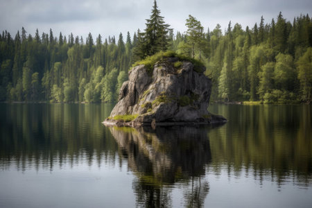 solitary rock formation jutting out of a tranquil lake, created with generative aiの素材
