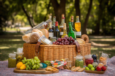 picnic basket overflowing with food and drink, ready for an amazing picnic, created with generative aiの素材